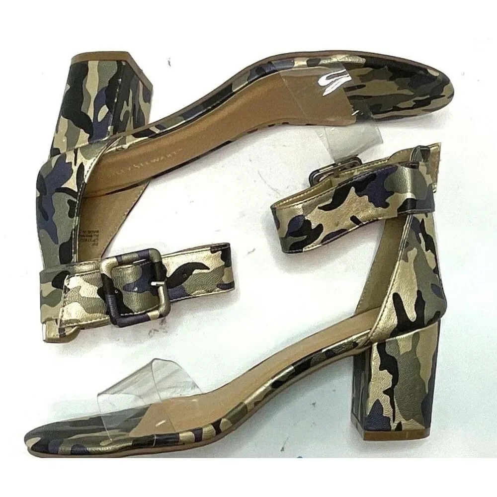 Ashley Stewart Women's Camo Ankle Strap Sandals Clear Toe Band Heels Size 8W